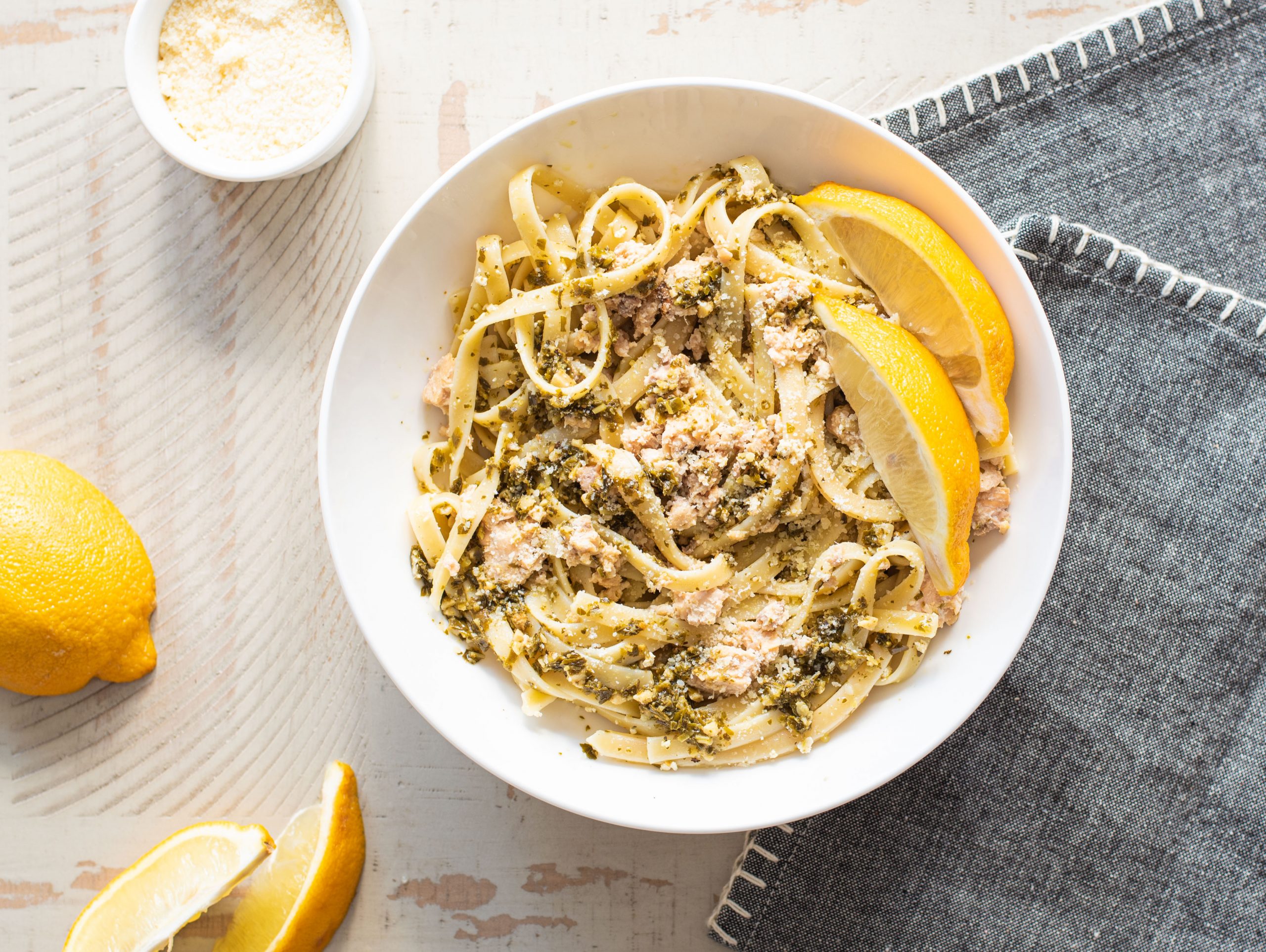 salmon pesto pasta with lemon and parmesan