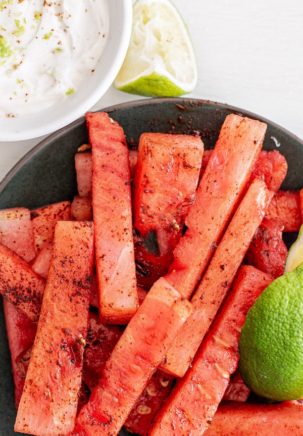 watermelon sticks with yogurt chili lime dip