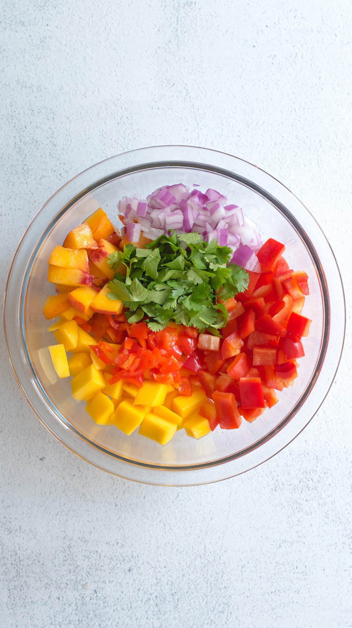 diced peaches, mangos, cilantro, habanero pepper, red onion, and red bell pepper in a bowl