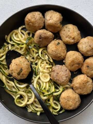 chicken meatballs with zucchini noodles and orzo